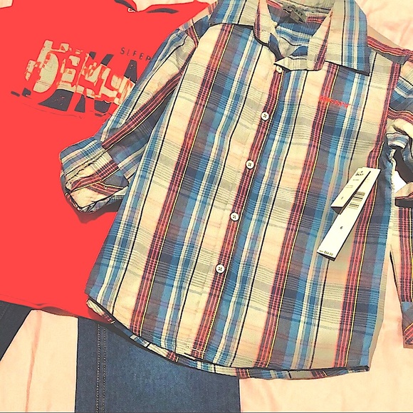 DKNY 3 Piece Set Dark Blue Jeans, Red T-Shirt Long Sleeve Shirt Size 6 Boys - Picture 2 of 12